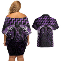 Purple Matariki New Zealand Couples Matching Off Shoulder Short Dress and Hawaiian Shirt Maori Poutama Galaxy Vibes