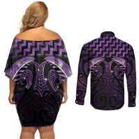 Purple Matariki New Zealand Couples Matching Off Shoulder Short Dress and Long Sleeve Button Shirt Maori Poutama Galaxy Vibes