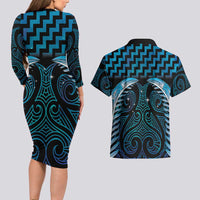 Blue Matariki New Zealand Couples Matching Long Sleeve Bodycon Dress and Hawaiian Shirt Maori Poutama Galaxy Vibes