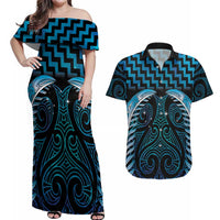 Blue Matariki New Zealand Couples Matching Off Shoulder Maxi Dress and Hawaiian Shirt Maori Poutama Galaxy Vibes