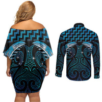 Blue Matariki New Zealand Couples Matching Off Shoulder Short Dress and Long Sleeve Button Shirt Maori Poutama Galaxy Vibes