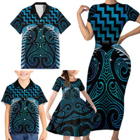 Blue Matariki New Zealand Family Matching Short Sleeve Bodycon Dress and Hawaiian Shirt Maori Poutama Galaxy Vibes