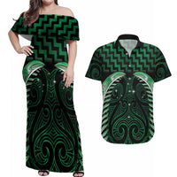 Green Matariki New Zealand Couples Matching Off Shoulder Maxi Dress and Hawaiian Shirt Maori Poutama Galaxy Vibes