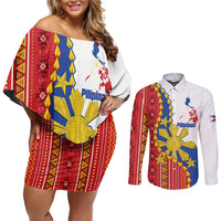 Philippines Independence Day Couples Matching Off Shoulder Short Dress and Long Sleeve Button Shirt Pilipinas Sun Stars Igorot Pattern