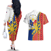 Philippines Independence Day Couples Matching Off The Shoulder Long Sleeve Dress and Hawaiian Shirt Pilipinas Sun Stars Igorot Pattern