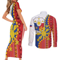 Philippines Independence Day Couples Matching Short Sleeve Bodycon Dress and Long Sleeve Button Shirt Pilipinas Sun Stars Igorot Pattern