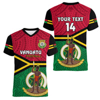 Personalised Vanuatu Football Women V Neck T Shirt Vanuatuan Coat Of Arm Polynesian Flag Style LT14 - Polynesian Pride