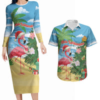 Flamingo Hawaii Summer Christmas Personalized Couples Matching Long Sleeve Bodycon Dress and Hawaiian Shirt Mele Kalikimaka Beachy Vibes LT14 Blue - Polynesian Pride