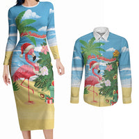 Flamingo Hawaii Summer Christmas Personalized Couples Matching Long Sleeve Bodycon Dress and Long Sleeve Button Shirt Mele Kalikimaka Beachy Vibes LT14 Blue - Polynesian Pride
