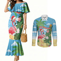 Flamingo Hawaii Summer Christmas Personalized Couples Matching Mermaid Dress and Long Sleeve Button Shirt Mele Kalikimaka Beachy Vibes LT14 Blue - Polynesian Pride