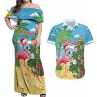 Flamingo Hawaii Summer Christmas Personalized Couples Matching Off Shoulder Maxi Dress and Hawaiian Shirt Mele Kalikimaka Beachy Vibes