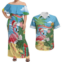 Flamingo Hawaii Summer Christmas Personalized Couples Matching Off Shoulder Maxi Dress and Hawaiian Shirt Mele Kalikimaka Beachy Vibes LT14 Blue - Polynesian Pride