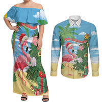 Flamingo Hawaii Summer Christmas Personalized Couples Matching Off Shoulder Maxi Dress and Long Sleeve Button Shirt Mele Kalikimaka Beachy Vibes LT14 Blue - Polynesian Pride