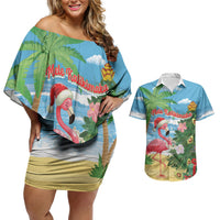 Flamingo Hawaii Summer Christmas Personalized Couples Matching Off Shoulder Short Dress and Hawaiian Shirt Mele Kalikimaka Beachy Vibes LT14 Blue - Polynesian Pride