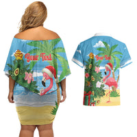 Flamingo Hawaii Summer Christmas Personalized Couples Matching Off Shoulder Short Dress and Hawaiian Shirt Mele Kalikimaka Beachy Vibes