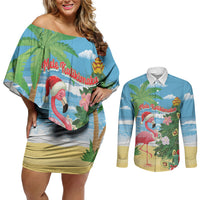 Flamingo Hawaii Summer Christmas Personalized Couples Matching Off Shoulder Short Dress and Long Sleeve Button Shirt Mele Kalikimaka Beachy Vibes LT14 Blue - Polynesian Pride