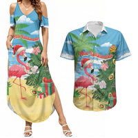 Flamingo Hawaii Summer Christmas Personalized Couples Matching Summer Maxi Dress and Hawaiian Shirt Mele Kalikimaka Beachy Vibes LT14 Blue - Polynesian Pride