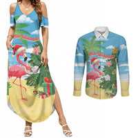 Flamingo Hawaii Summer Christmas Personalized Couples Matching Summer Maxi Dress and Long Sleeve Button Shirt Mele Kalikimaka Beachy Vibes LT14 Blue - Polynesian Pride