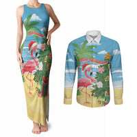 Flamingo Hawaii Summer Christmas Personalized Couples Matching Tank Maxi Dress and Long Sleeve Button Shirt Mele Kalikimaka Beachy Vibes LT14 Blue - Polynesian Pride