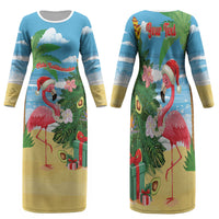 Flamingo Hawaii Summer Christmas Personalized Family Matching Long Sleeve Bodycon Dress and Hawaiian Shirt Mele Kalikimaka Beachy Vibes LT14 Mom's Dress Blue - Polynesian Pride