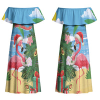 Flamingo Hawaii Summer Christmas Personalized Family Matching Off Shoulder Maxi Dress and Hawaiian Shirt Mele Kalikimaka Beachy Vibes LT14 Mom's Dress Blue - Polynesian Pride