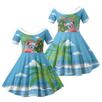 Flamingo Hawaii Summer Christmas Personalized Family Matching Off Shoulder Maxi Dress and Hawaiian Shirt Mele Kalikimaka Beachy Vibes LT14 Daughter's Dress Blue - Polynesian Pride