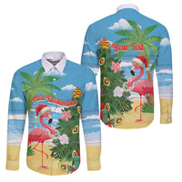 Flamingo Hawaii Summer Christmas Personalized Family Matching Off Shoulder Short Dress and Hawaiian Shirt Mele Kalikimaka Beachy Vibes LT14 Dad's Shirt - Long Sleeve Blue - Polynesian Pride