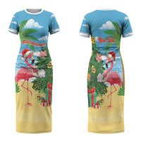 Flamingo Hawaii Summer Christmas Personalized Family Matching Short Sleeve Bodycon Dress and Hawaiian Shirt Mele Kalikimaka Beachy Vibes LT14 Mom's Dress Blue - Polynesian Pride