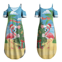 Flamingo Hawaii Summer Christmas Personalized Family Matching Summer Maxi Dress and Hawaiian Shirt Mele Kalikimaka Beachy Vibes LT14 Mom's Dress Blue - Polynesian Pride