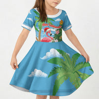 Flamingo Hawaii Summer Christmas Personalized Kid Short Sleeve Dress Mele Kalikimaka Beachy Vibes LT14 KID Blue - Polynesian Pride