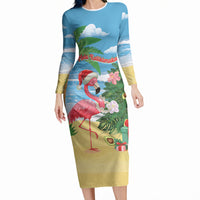 Flamingo Hawaii Summer Christmas Personalized Long Sleeve Bodycon Dress Mele Kalikimaka Beachy Vibes LT14 Long Dress Blue - Polynesian Pride