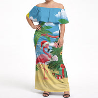 Flamingo Hawaii Summer Christmas Personalized Off Shoulder Maxi Dress Mele Kalikimaka Beachy Vibes LT14 Women Blue - Polynesian Pride