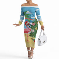 Flamingo Hawaii Summer Christmas Personalized Off The Shoulder Long Sleeve Dress Mele Kalikimaka Beachy Vibes LT14 Women Blue - Polynesian Pride