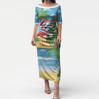 Flamingo Hawaii Summer Christmas Personalized Puletasi Mele Kalikimaka Beachy Vibes LT14 Long Dress Blue - Polynesian Pride