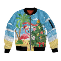 Flamingo Hawaii Summer Christmas Personalized Sleeve Zip Bomber Jacket Mele Kalikimaka Beachy Vibes