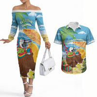 Chilling Parrot Hawaii Summer Christmas Personalized Couples Matching Off The Shoulder Long Sleeve Dress and Hawaiian Shirt It's 5 O'Clock Somewhere Beachy Vibes LT14 Blue - Polynesian Pride