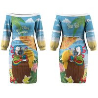 Chilling Parrot Hawaii Summer Christmas Personalized Couples Matching Off The Shoulder Long Sleeve Dress and Hawaiian Shirt It's 5 O'Clock Somewhere Beachy Vibes LT14 - Polynesian Pride