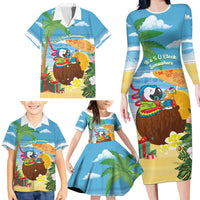 Chilling Parrot Hawaii Summer Christmas Personalized Family Matching Long Sleeve Bodycon Dress and Hawaiian Shirt It's 5 O'Clock Somewhere Beachy Vibes