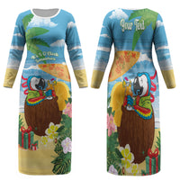 Chilling Parrot Hawaii Summer Christmas Personalized Family Matching Long Sleeve Bodycon Dress and Hawaiian Shirt It's 5 O'Clock Somewhere Beachy Vibes LT14 Mom's Dress Blue - Polynesian Pride