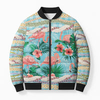 Flamingo Hawaii Summer Bomber Puffer Jacket Hawaiian Lei Pakala Motifs Tropical Style