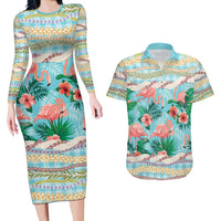 Flamingo Hawaii Summer Couples Matching Long Sleeve Bodycon Dress and Hawaiian Shirt Hawaiian Lei Pakala Motifs Tropical Style
