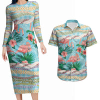Flamingo Hawaii Summer Couples Matching Long Sleeve Bodycon Dress and Hawaiian Shirt Hawaiian Lei Pakala Motifs Tropical Style LT14 Cyan - Polynesian Pride