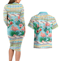Flamingo Hawaii Summer Couples Matching Long Sleeve Bodycon Dress and Hawaiian Shirt Hawaiian Lei Pakala Motifs Tropical Style