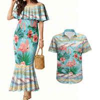 Flamingo Hawaii Summer Couples Matching Mermaid Dress and Hawaiian Shirt Hawaiian Lei Pakala Motifs Tropical Style LT14 Cyan - Polynesian Pride