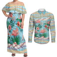 Flamingo Hawaii Summer Couples Matching Off Shoulder Maxi Dress and Long Sleeve Button Shirt Hawaiian Lei Pakala Motifs Tropical Style LT14 Cyan - Polynesian Pride