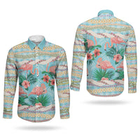 Flamingo Hawaii Summer Couples Matching Off Shoulder Maxi Dress and Long Sleeve Button Shirt Hawaiian Lei Pakala Motifs Tropical Style LT14 - Polynesian Pride