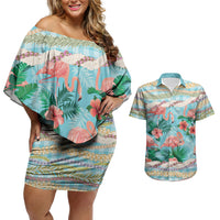 Flamingo Hawaii Summer Couples Matching Off Shoulder Short Dress and Hawaiian Shirt Hawaiian Lei Pakala Motifs Tropical Style LT14 Cyan - Polynesian Pride