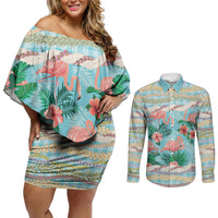 Flamingo Hawaii Summer Couples Matching Off Shoulder Short Dress and Long Sleeve Button Shirt Hawaiian Lei Pakala Motifs Tropical Style LT14 Cyan - Polynesian Pride
