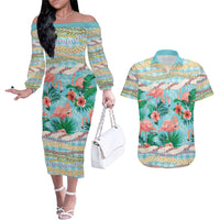 Flamingo Hawaii Summer Couples Matching Off The Shoulder Long Sleeve Dress and Hawaiian Shirt Hawaiian Lei Pakala Motifs Tropical Style