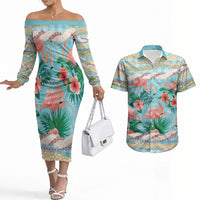 Flamingo Hawaii Summer Couples Matching Off The Shoulder Long Sleeve Dress and Hawaiian Shirt Hawaiian Lei Pakala Motifs Tropical Style LT14 Cyan - Polynesian Pride